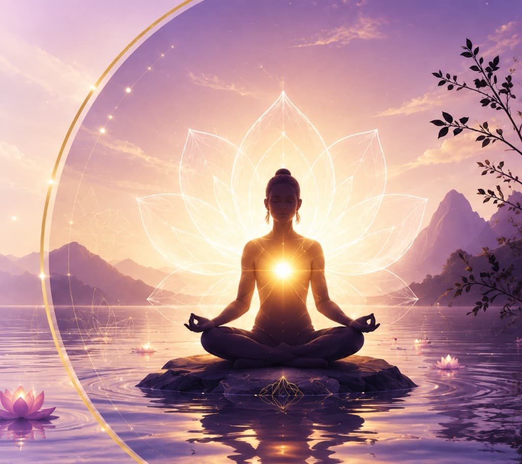 Meditation beside still water, with a lotus of light