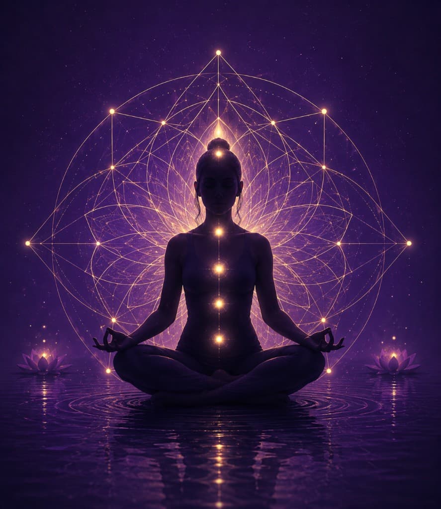 A seated meditation with a golden energy mandala